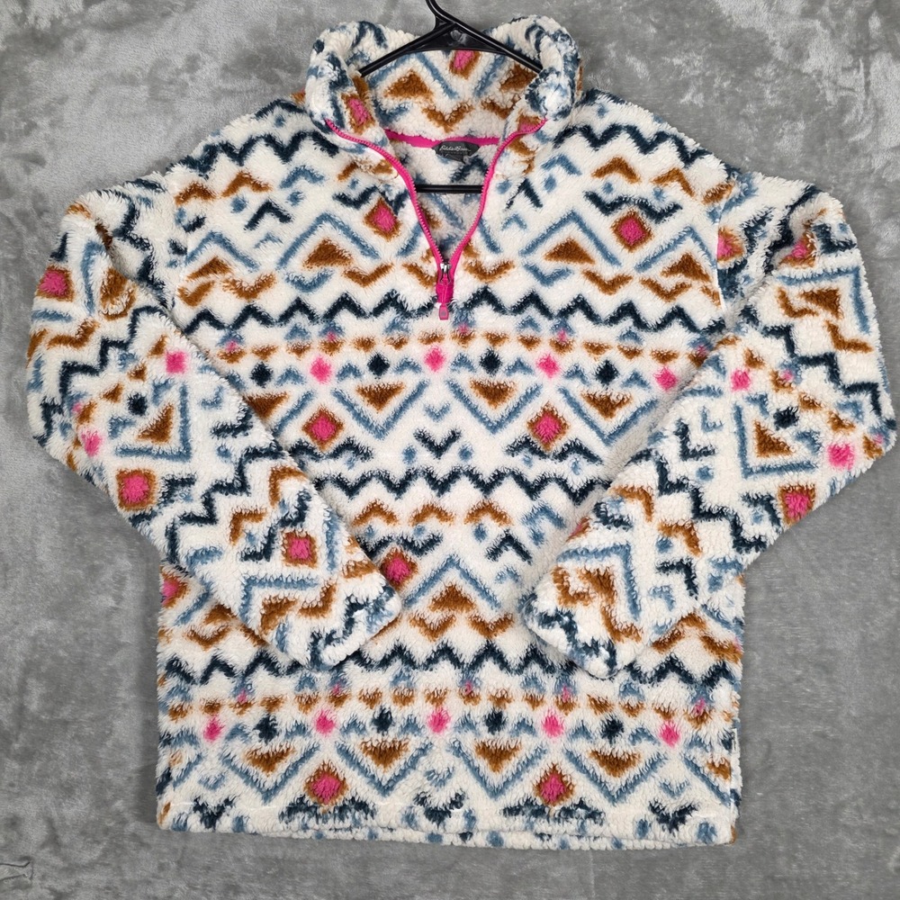 Eddie Bauer Womens Medium Fuzzy Fleece Pullover Aztec Geometric Print